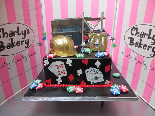 Construction & Casino themed birthday cake with 3D gold construction hat, scafolding, poker chips, playing cards and photo poster